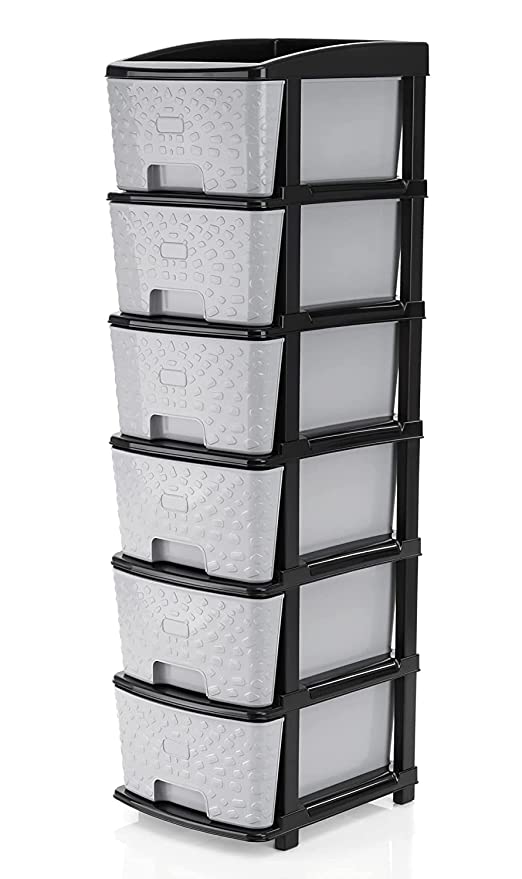 AZZOTE Drawer Multipurpose Plastic Modular Chest Storage Organizer for Home, Office, School, and More - 6 Drawers, Easy Assembly, Durable (Grey-Black)