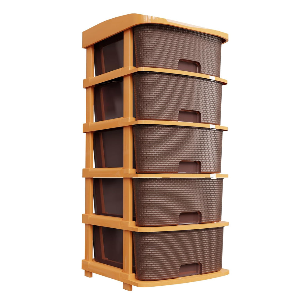 AZZOTE Plastic Modular Drawer Storage Chest Of Drawers Organizer Storage Box, Large Stomo Racks For Multipurpose Anti-slip Shoes Organizers | Brown | 5 Layer