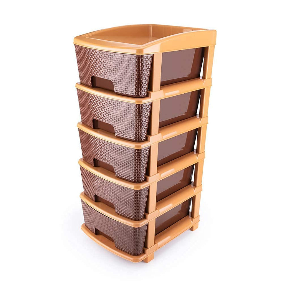 AZZOTE Plastic Modular Drawer Storage Chest Of Drawers Organizer Storage Box, Large Stomo Racks For Multipurpose Anti-slip Shoes Organizers | Brown | 5 Layer